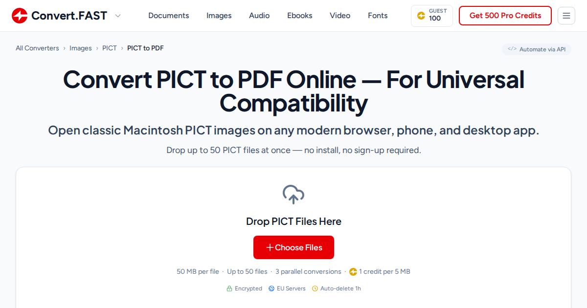 Convert PICT to PDF Instantly - Batch 50 Files Free