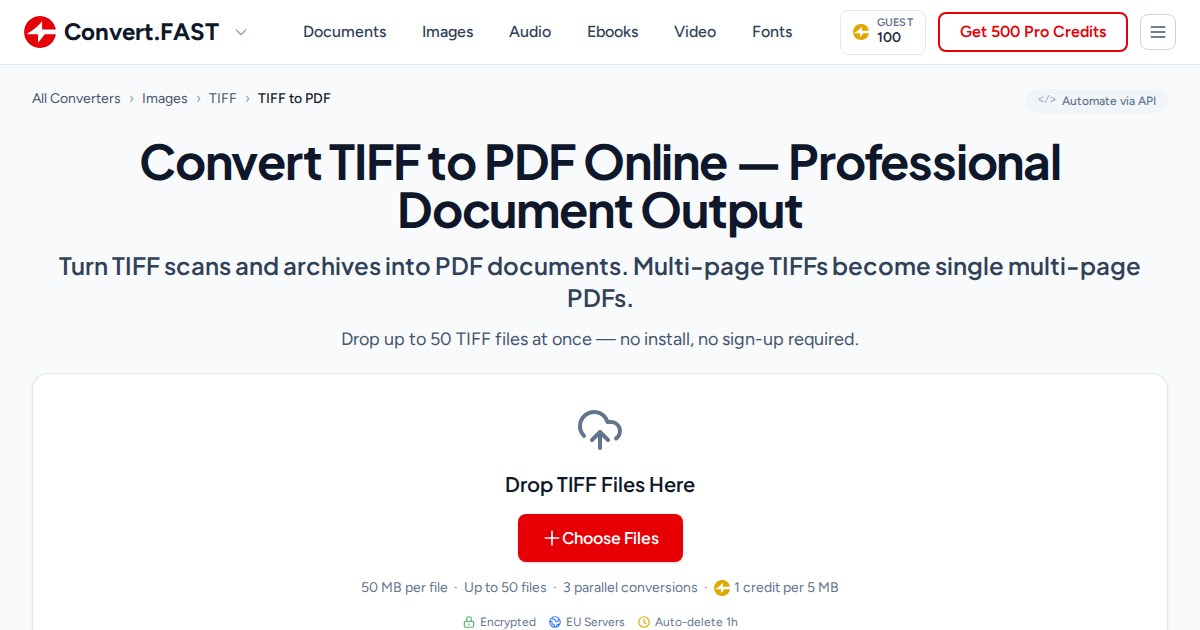 Convert TIFF to PDF Instantly - Batch 50 Files Free